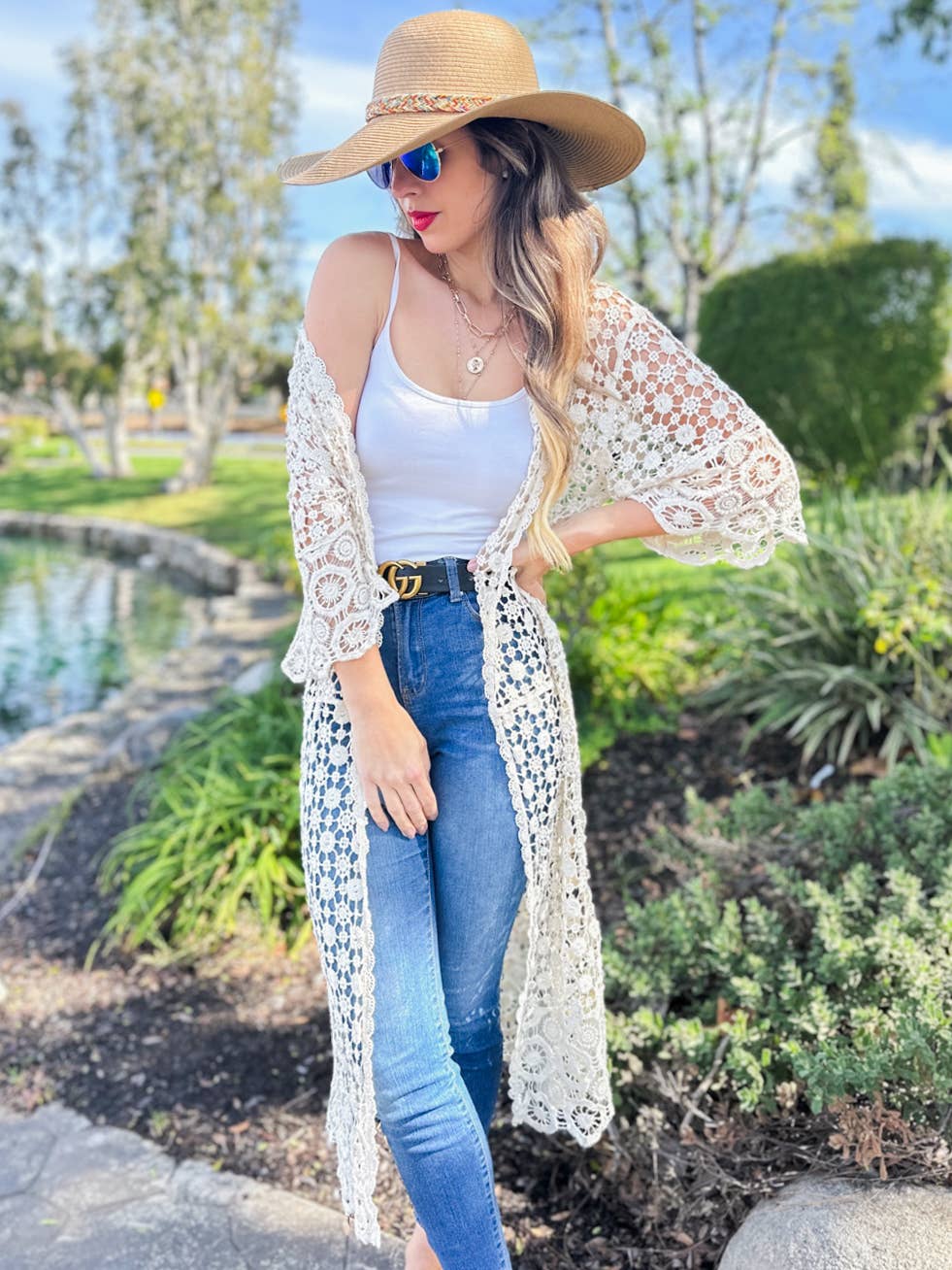 Ivory Floral Printed Crochet Maxi Kimono Cardigan - Mellow Monkey