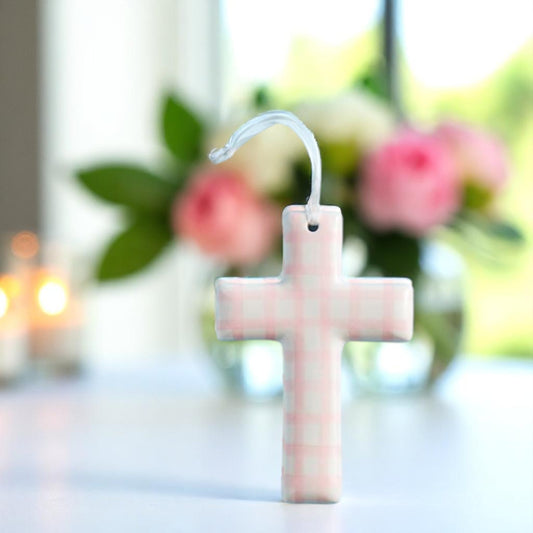 Ceramic Cross with Hat Ribbon Hanger - Pink Gingham - Mellow Monkey