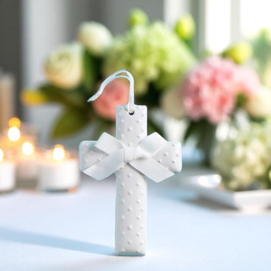 Ceramic Cross with Hat Ribbon Hanger - White - Mellow Monkey
