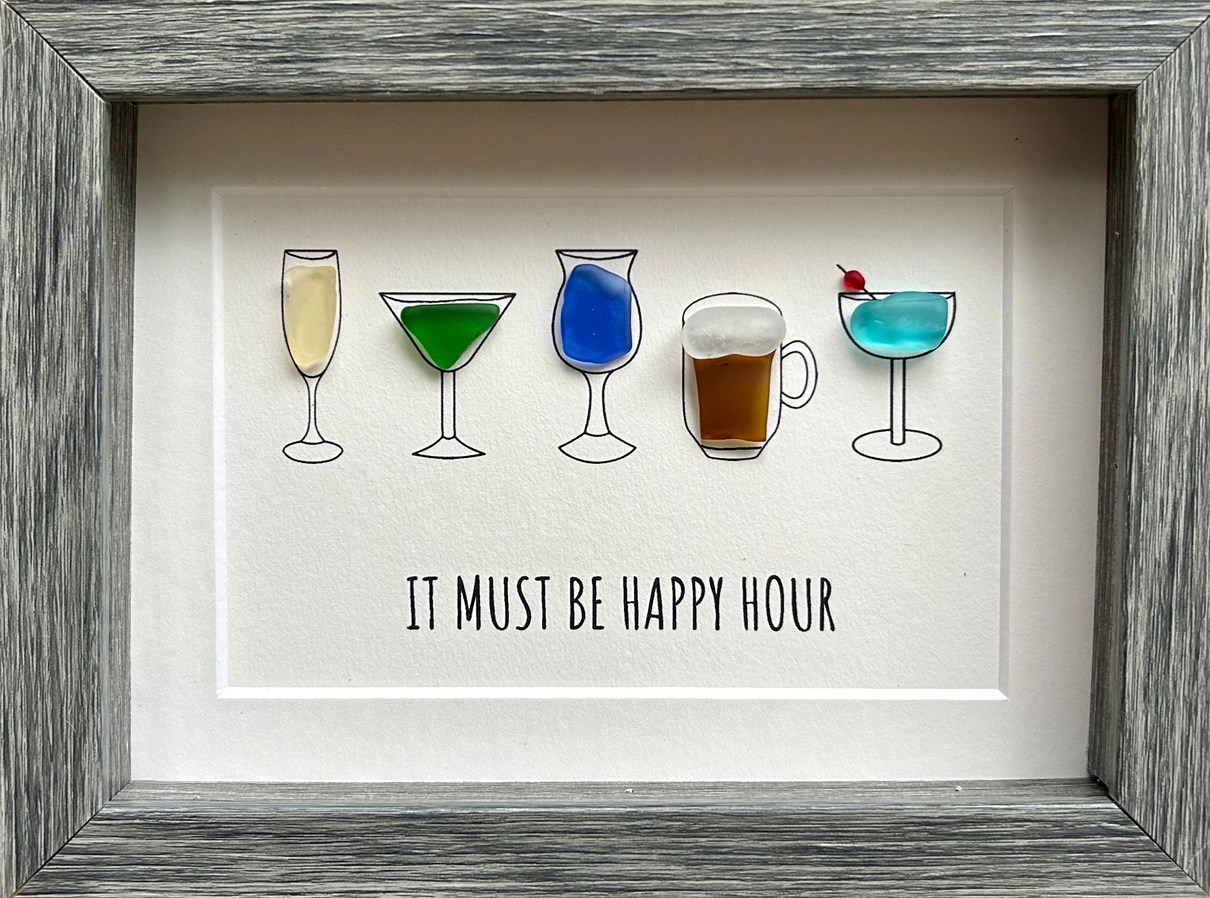 It Must Be Happy Hour - Five Happy Hour Cocktail Glasses Made Filled With Sea Glass - Framed Shadowbox 8-in - Mellow Monkey
