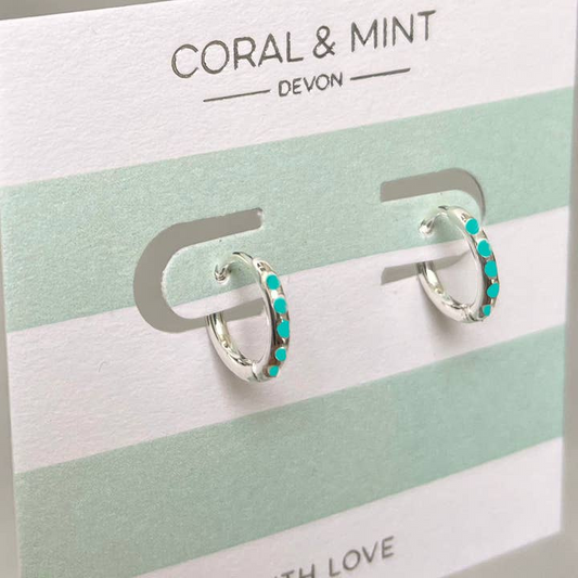 Coral and Mint - Silver Plated Huggie earrings with Turquoise Enamel - Mellow Monkey