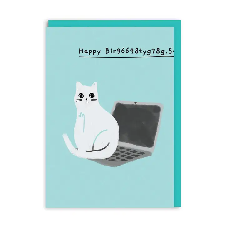 Happy Birt96698tyg78g.5 - Cat Sitting on Keyboard - Birthday Greeting Card - Mellow Monkey