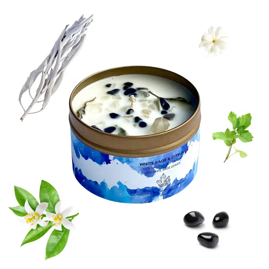 White Sage and Citrus Candle With Obsidian and Clear Quartz Crystals - 6.4-oz - Mellow Monkey