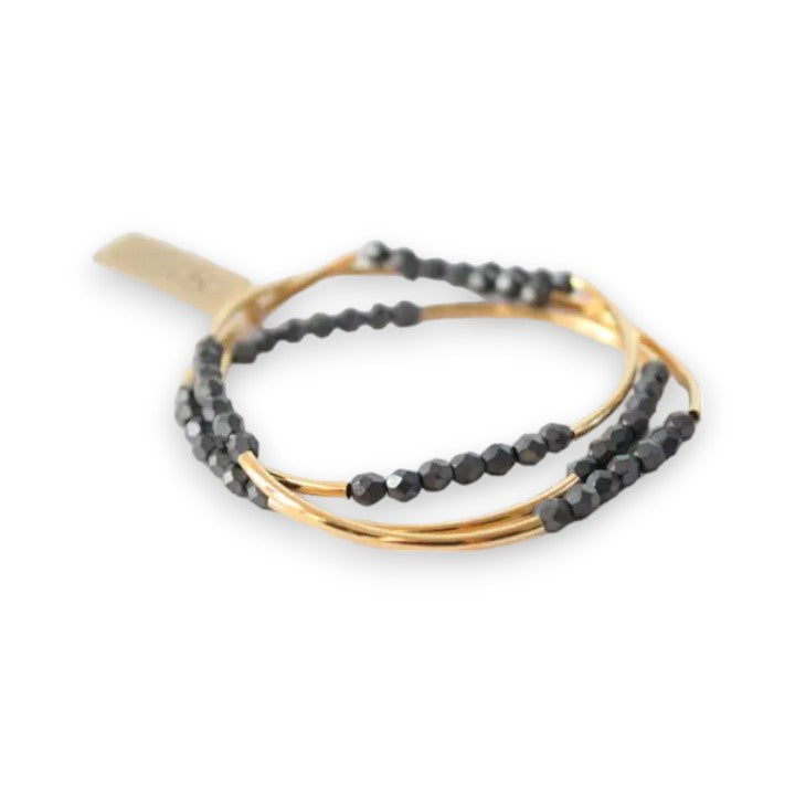 Triple Wrap Bracelet - Gold Tube and Matte Hematite Beads - Mellow Monkey