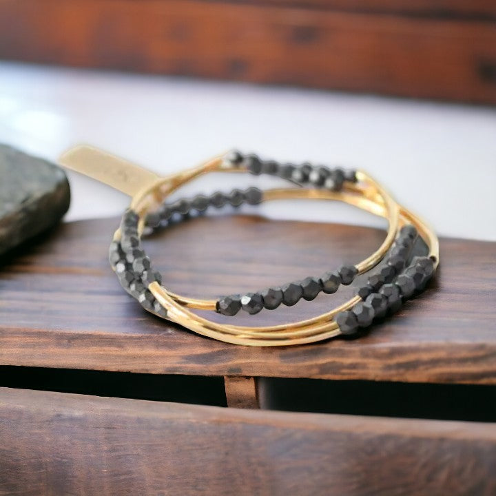 Triple Wrap Bracelet - Gold Tube and Matte Hematite Beads - Mellow Monkey