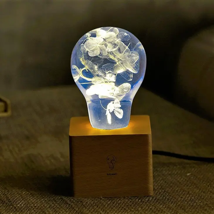 Blue Resin Hydrangea Light Bulb with Wooden Base - Mellow Monkey