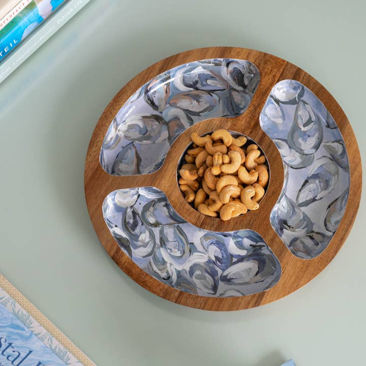 Pewter Shells Wooden Snack Tray - 12-in - Kim Hovell Art - Mellow Monkey