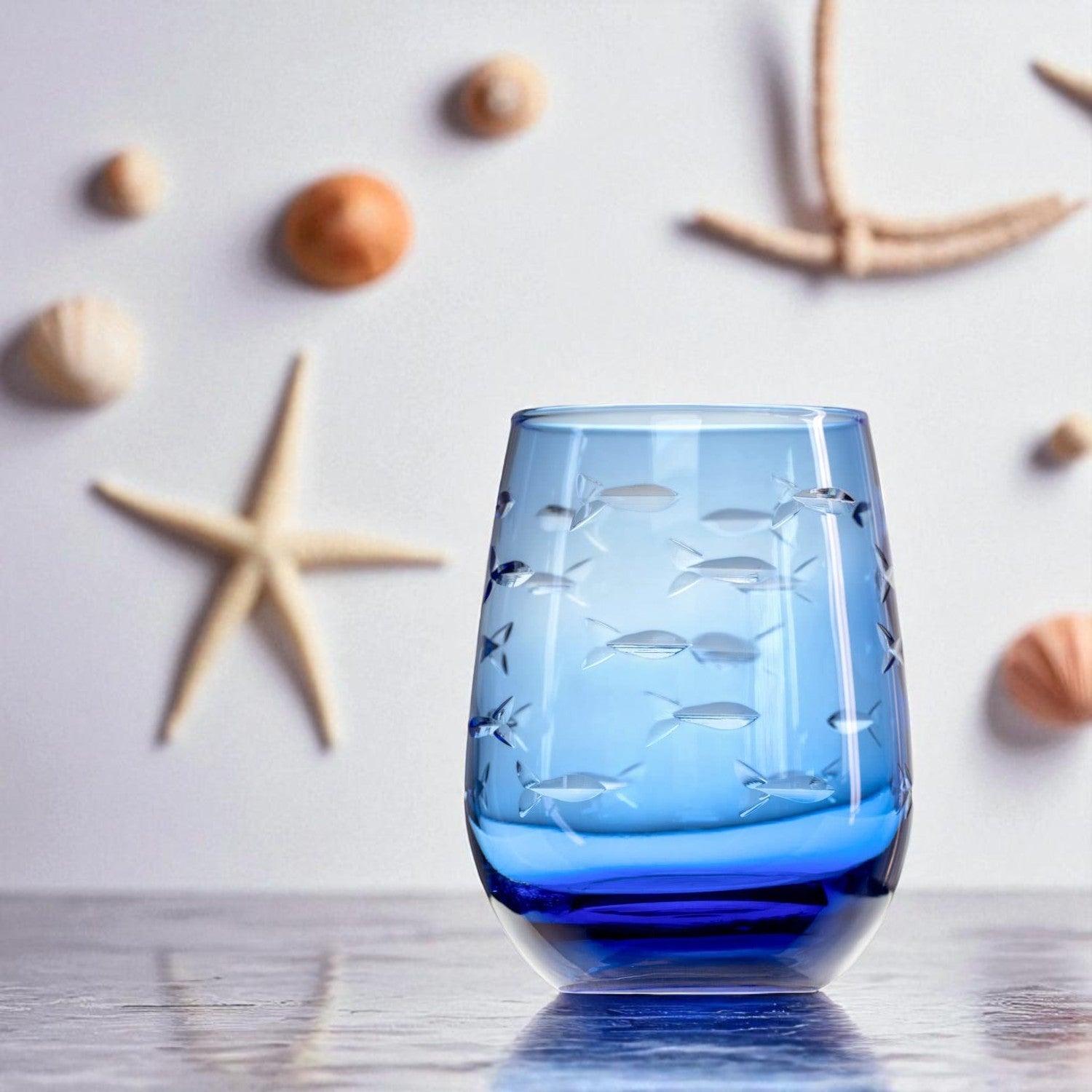 School of Fish Stemless Wine Glass - 15-oz Blue - Mellow Monkey