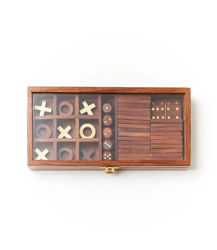 3-in-1 Game Set Dice, Dominoes, Tic Tac Toe - Handcrafted Wood - Mellow Monkey