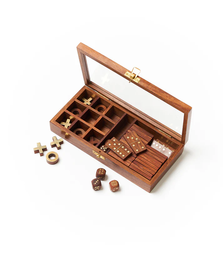 3-in-1 Game Set Dice, Dominoes, Tic Tac Toe - Handcrafted Wood - Mellow Monkey