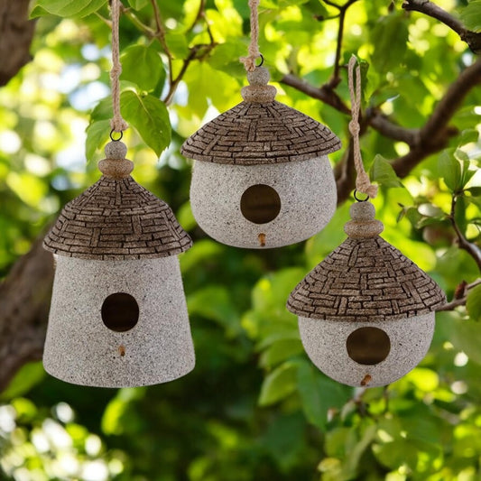 Stone Yurt Birdhouse with Rope Hanger