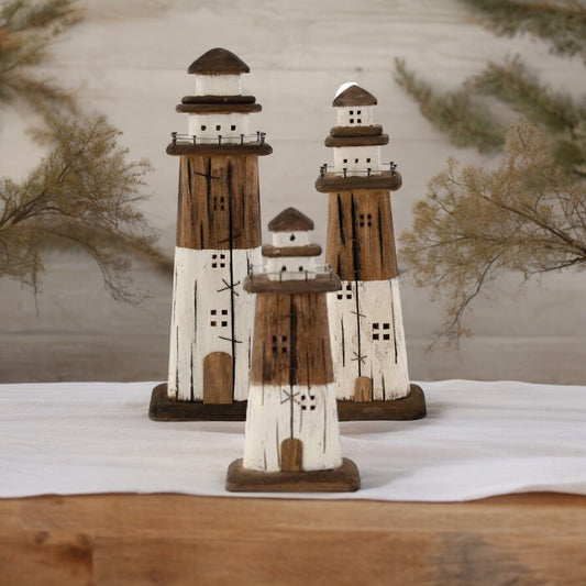 Rustic White and Brown Wood Lighthouse - Mellow Monkey