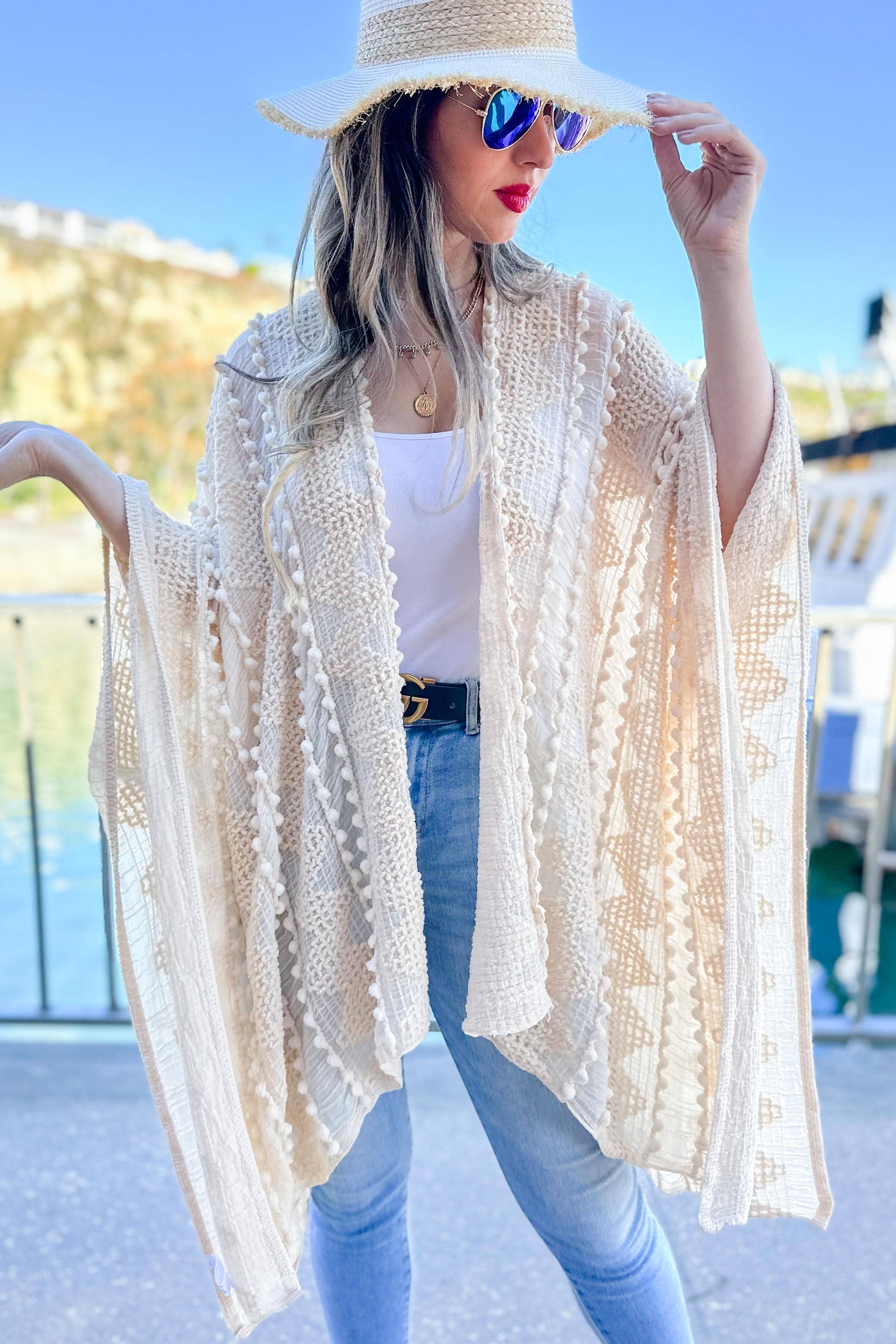 Ivory 3D Textured Open Front Soft Kimono Cover Up - Mellow Monkey