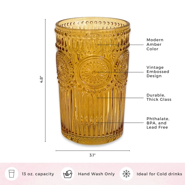 Amber Vintage Textured Drinking Glass - 13 oz. - Mellow Monkey