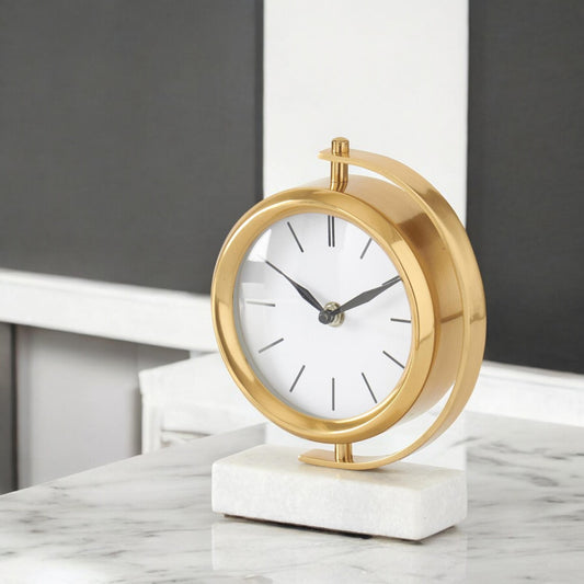 Gold Metal Table Clock with White Marble Base - 8-1/4-in - Mellow Monkey