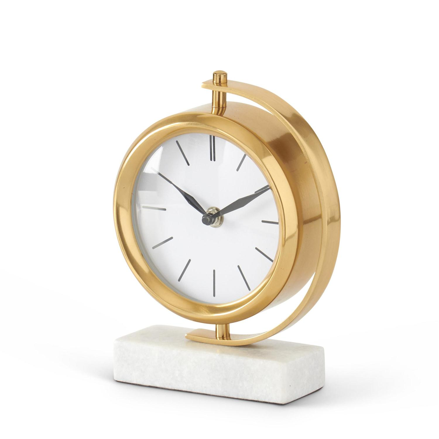 Gold Metal Table Clock with White Marble Base - 8-1/4-in - Mellow Monkey