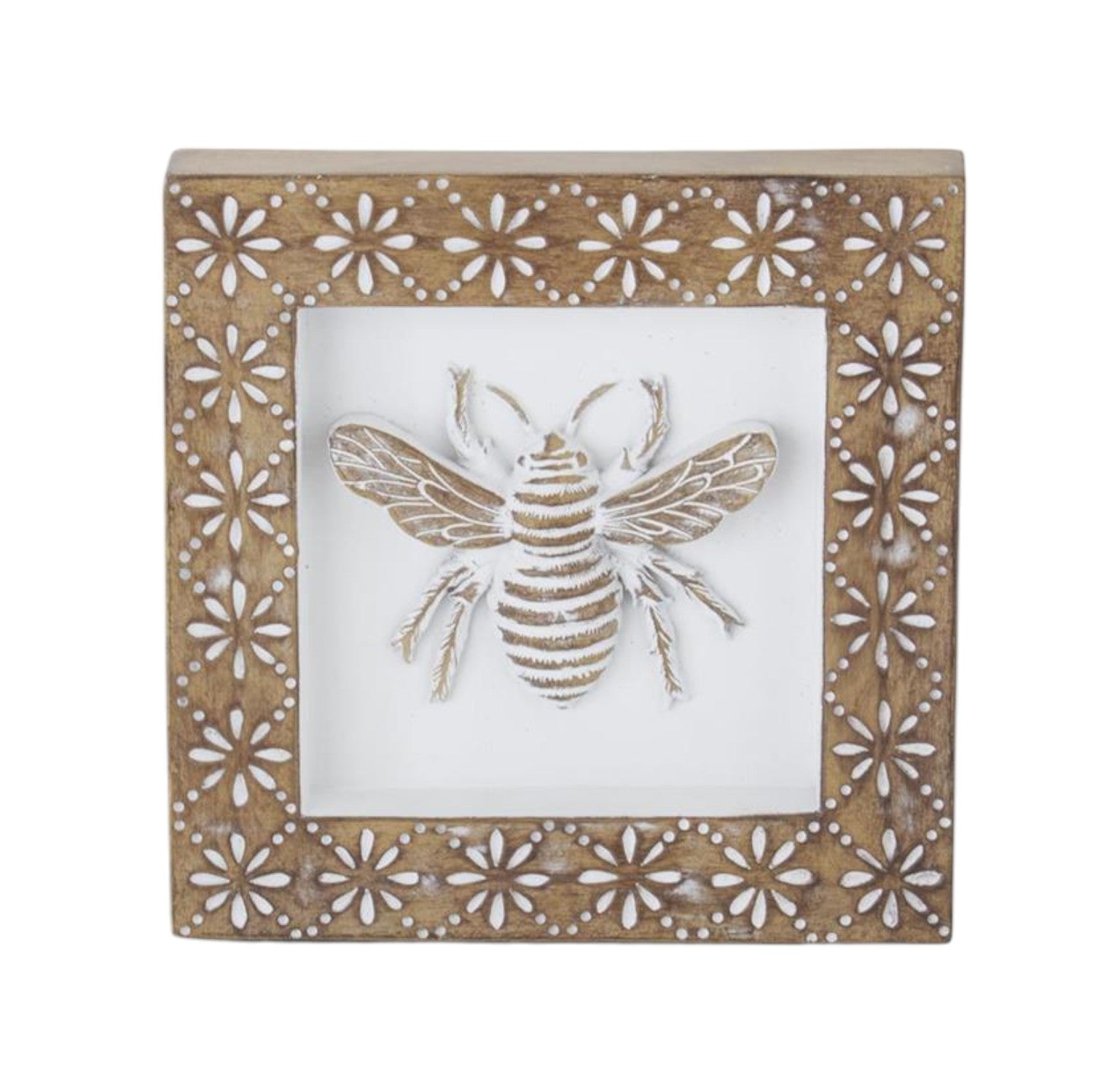Whitewashed Carved Resin Insect Shadow Box - 6-in - Mellow Monkey