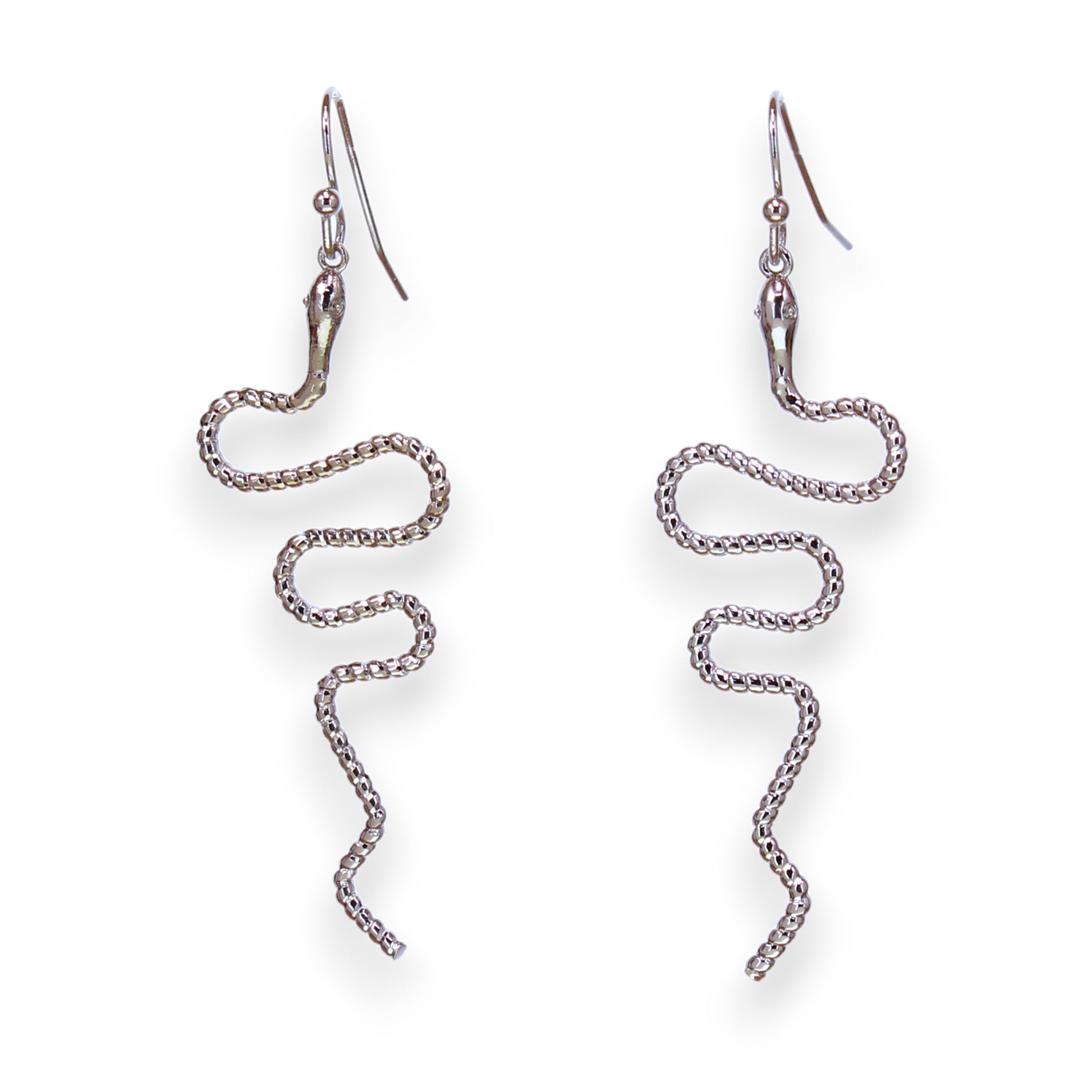 Silver Plated Brass Snake Earrings - 2-in - Mellow Monkey