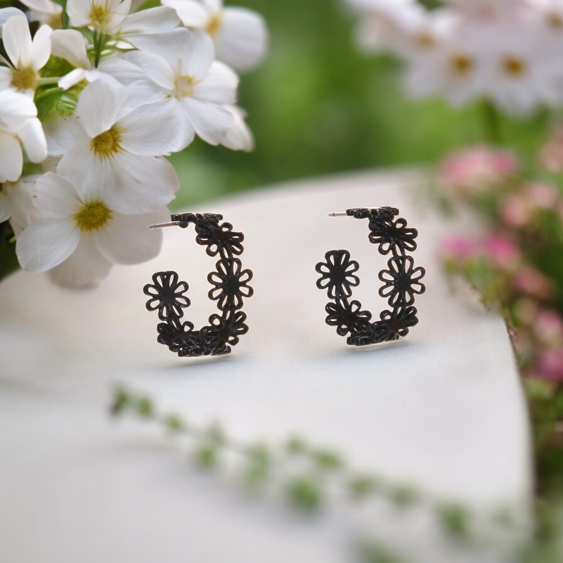 Enameled Flower Hoop Earrings - Black - 1-in - Mellow Monkey