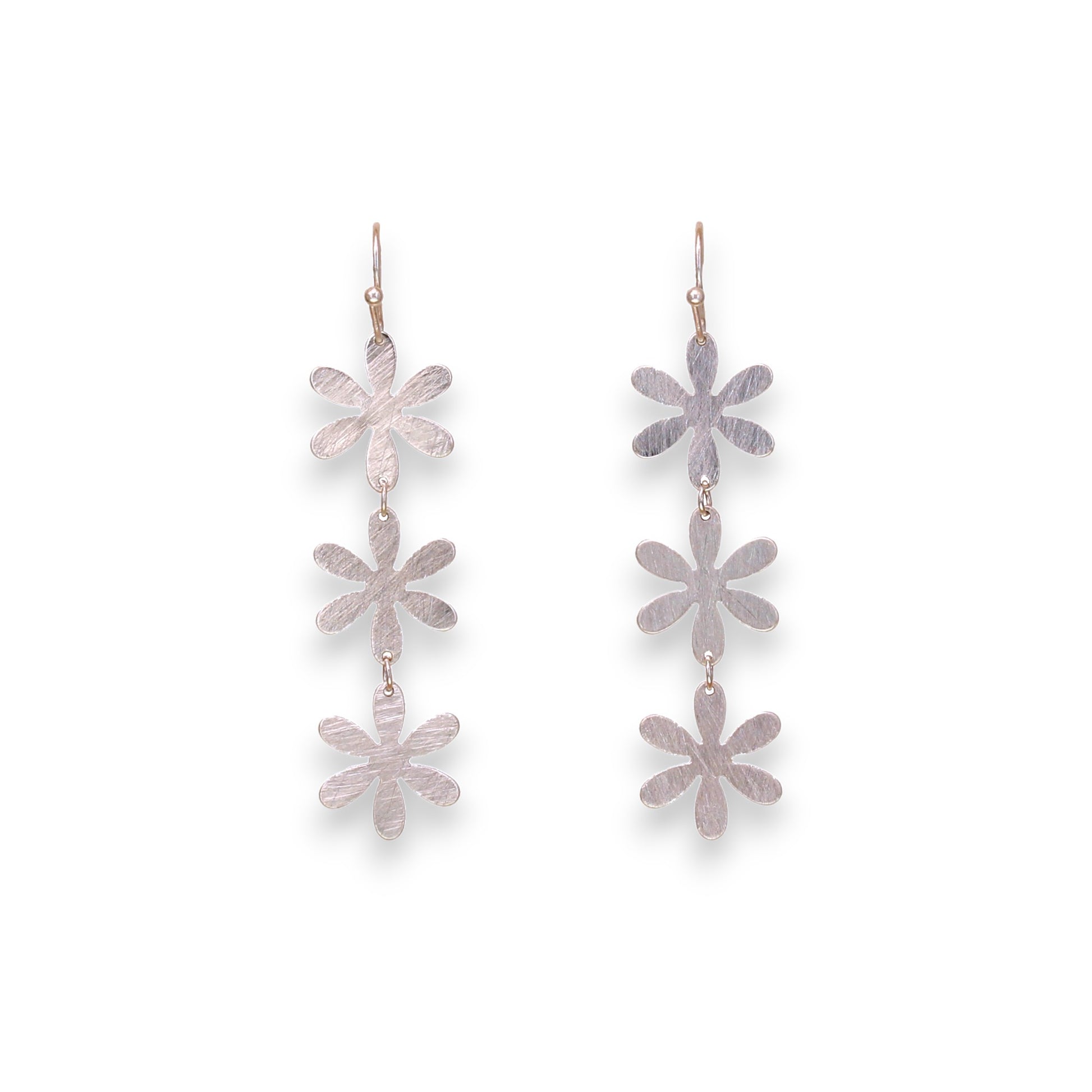 Triple Flower Silver Plated Brass Scratch Metal Earrings - 2-in - Mellow Monkey