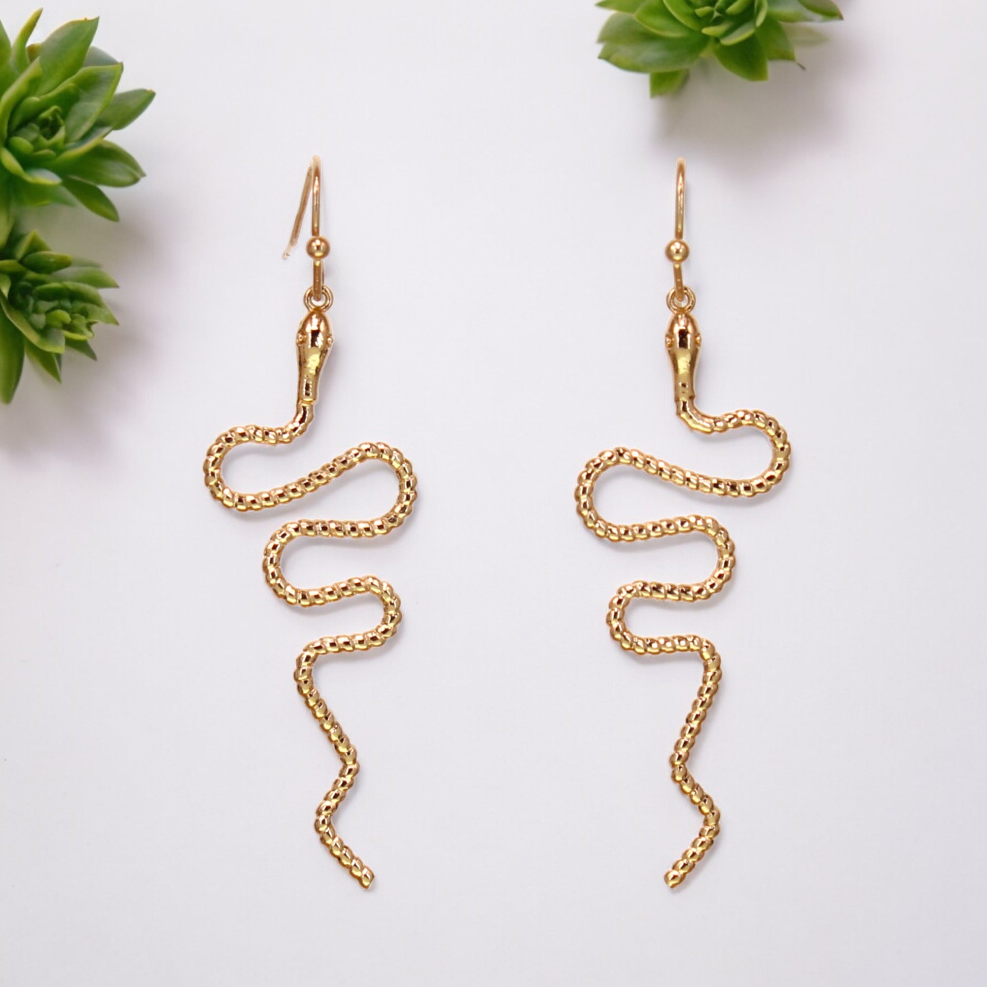 Gold Plated Brass Snake Earrings - 2-in - Mellow Monkey