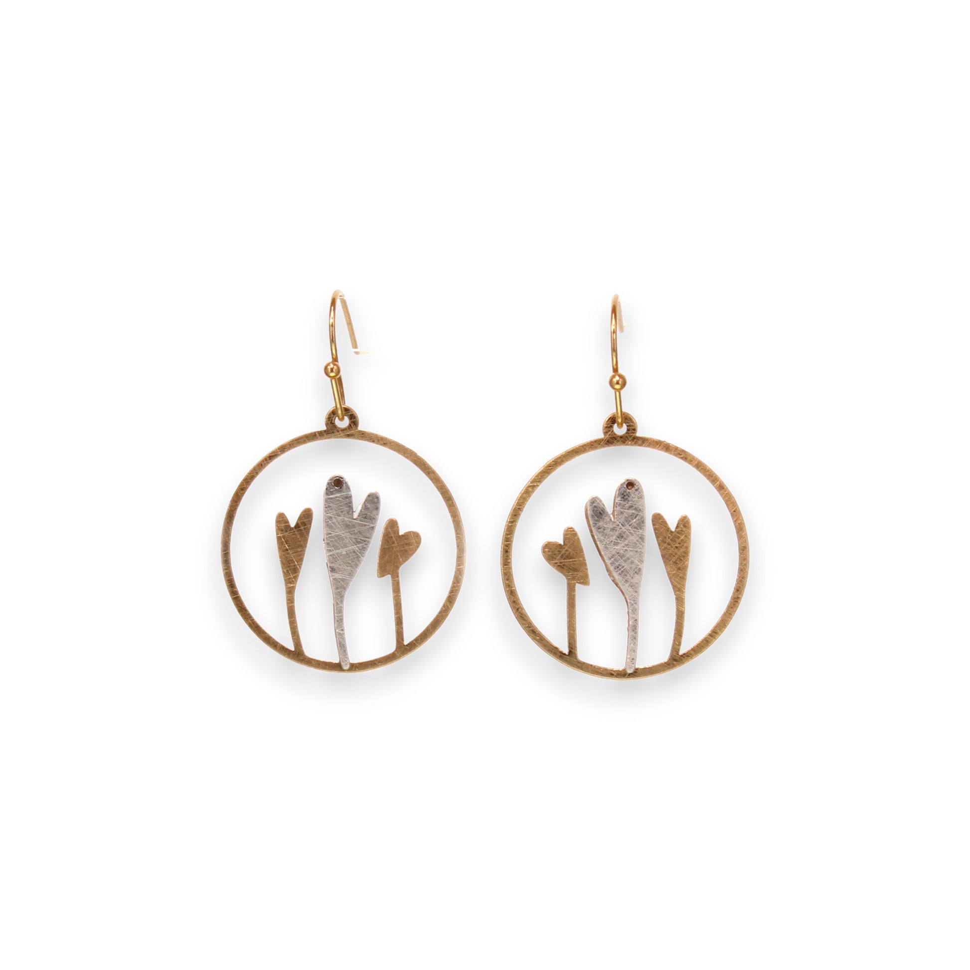 Two-Tone Gold with Silver Plated Brass Scratch Metal With 3 Hearts Earrings - 1-1/4-in - Mellow Monkey