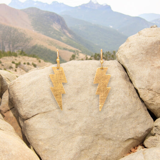 Gold Plated Brass Scratch Metal Lightning Bolt Earring - 1-1/8-in - Mellow Monkey