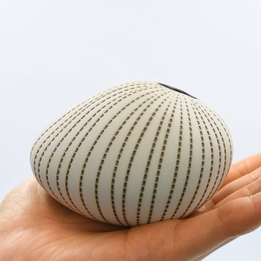 Mini Pebble - Handcrafted Porcelain Bud Vase - White with Taupe Stripes - 3.4 x 2.6 x 2.4 in - Mellow Monkey