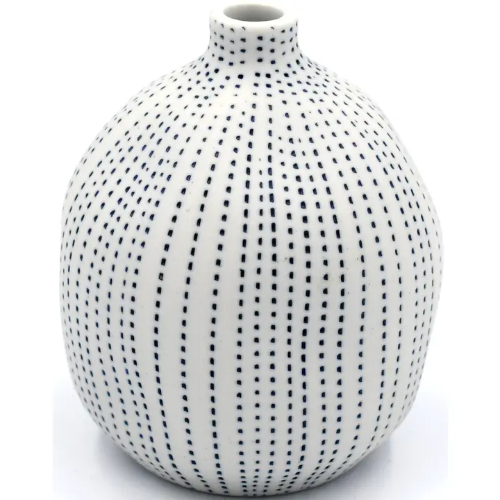 Gugu Porcelain Bud Vase - White with Blue Dotted Stripes - 2.5"W x 3"H - Mellow Monkey