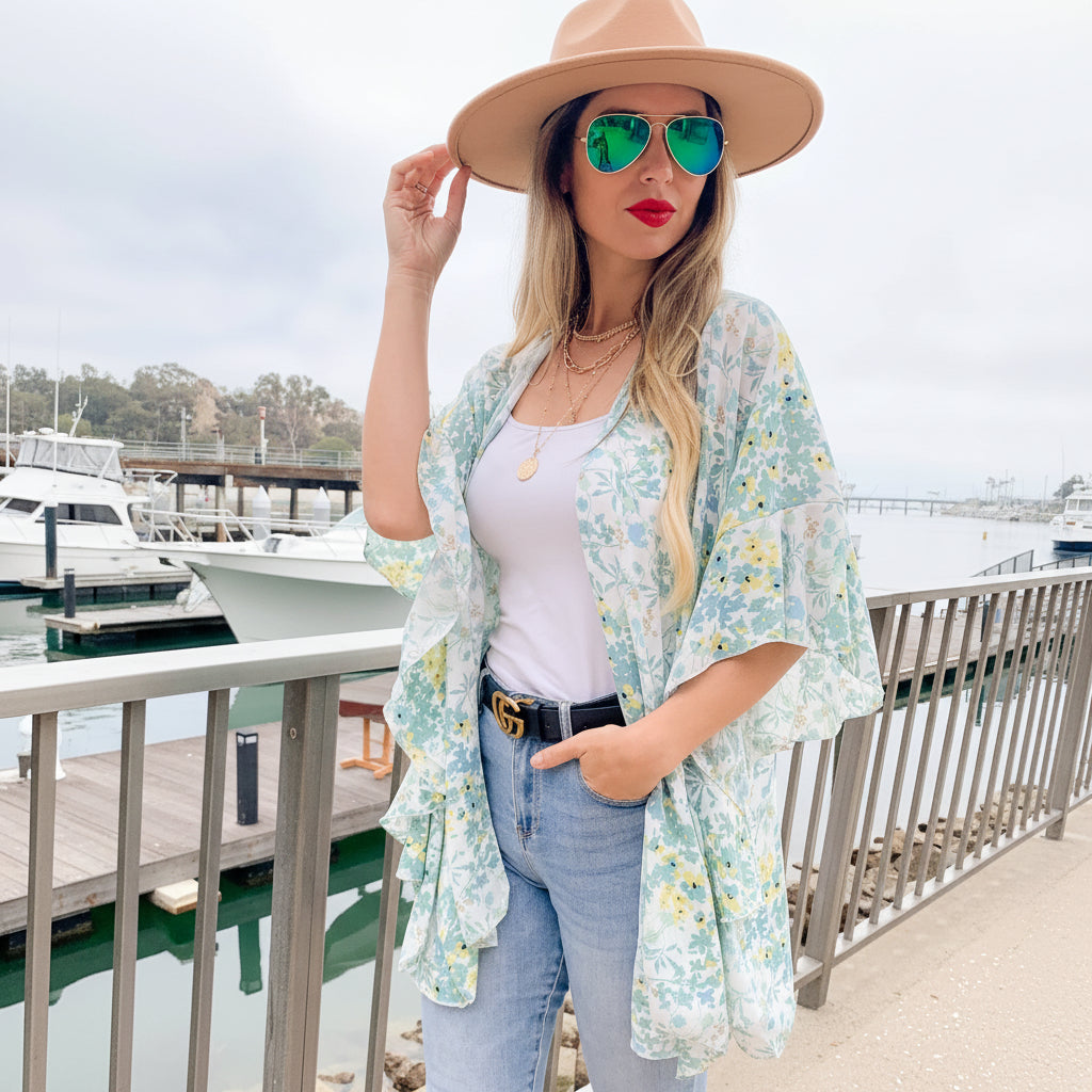 Sage Floral Printed Ruffle Sleeve Chiffon Kimono Cover Up - Mellow Monkey