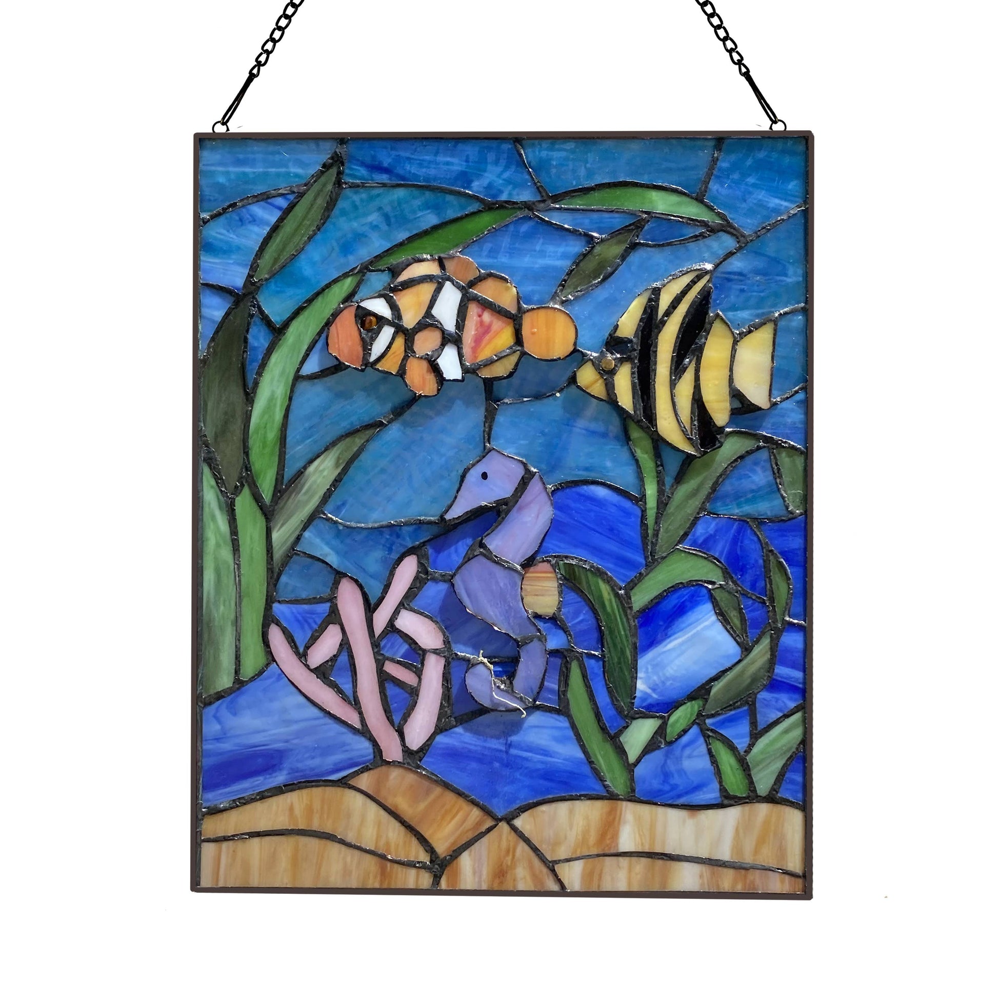 Underwater Blue Ocean Scene Stained Glass Window Panel - 14-in - Mellow Monkey