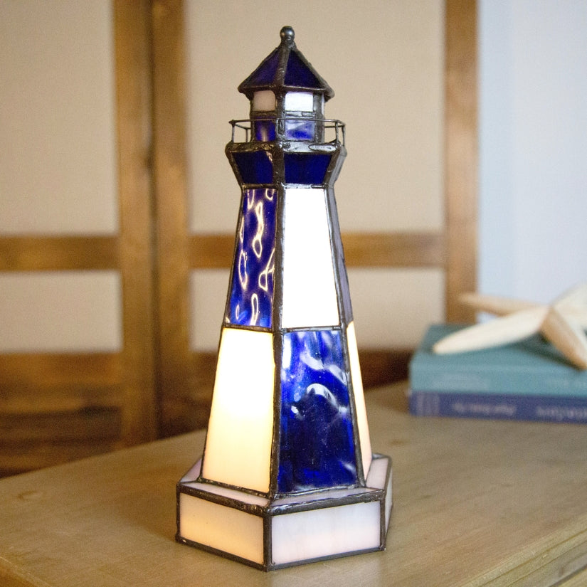 Rowen Blue Stained Glass Lighthouse Accent Lamp - 10-1/2-in - Mellow Monkey