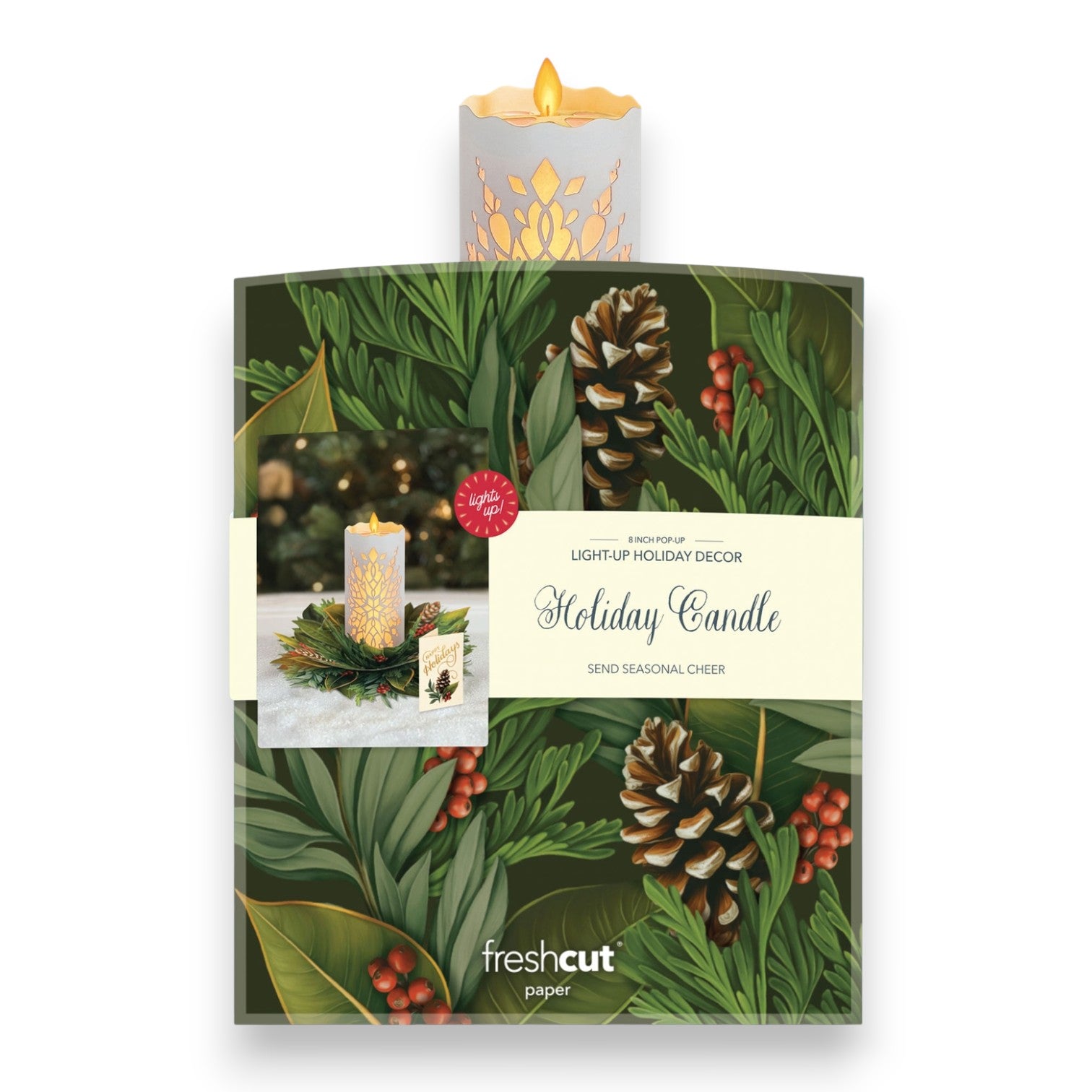 FreshCut Paper Holiday Candle with Lights - 8-in Pop Up Greeting Card - Mellow Monkey