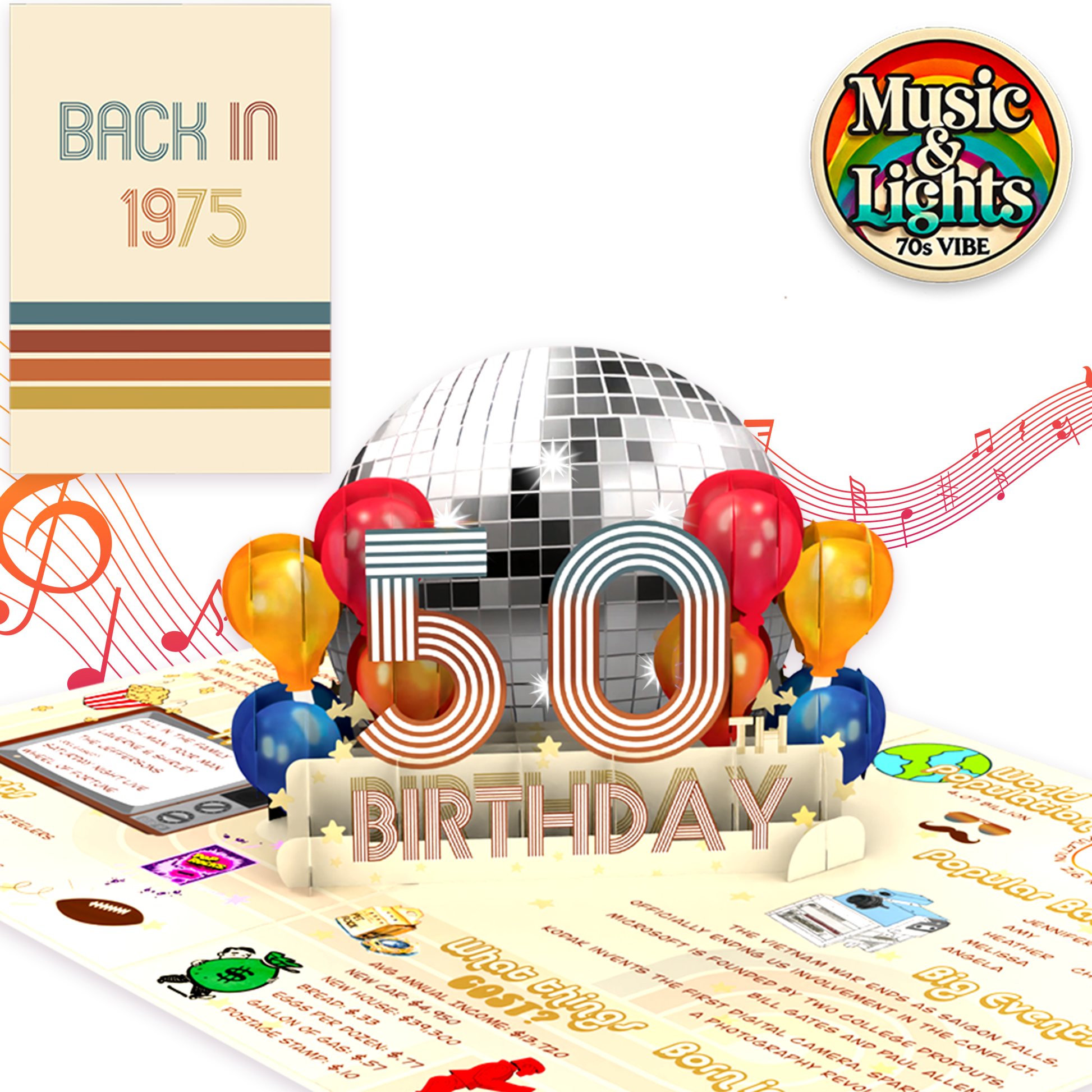 Back in 1975 3D Pop-Up Light & Sound Milestone Card - Mellow Monkey