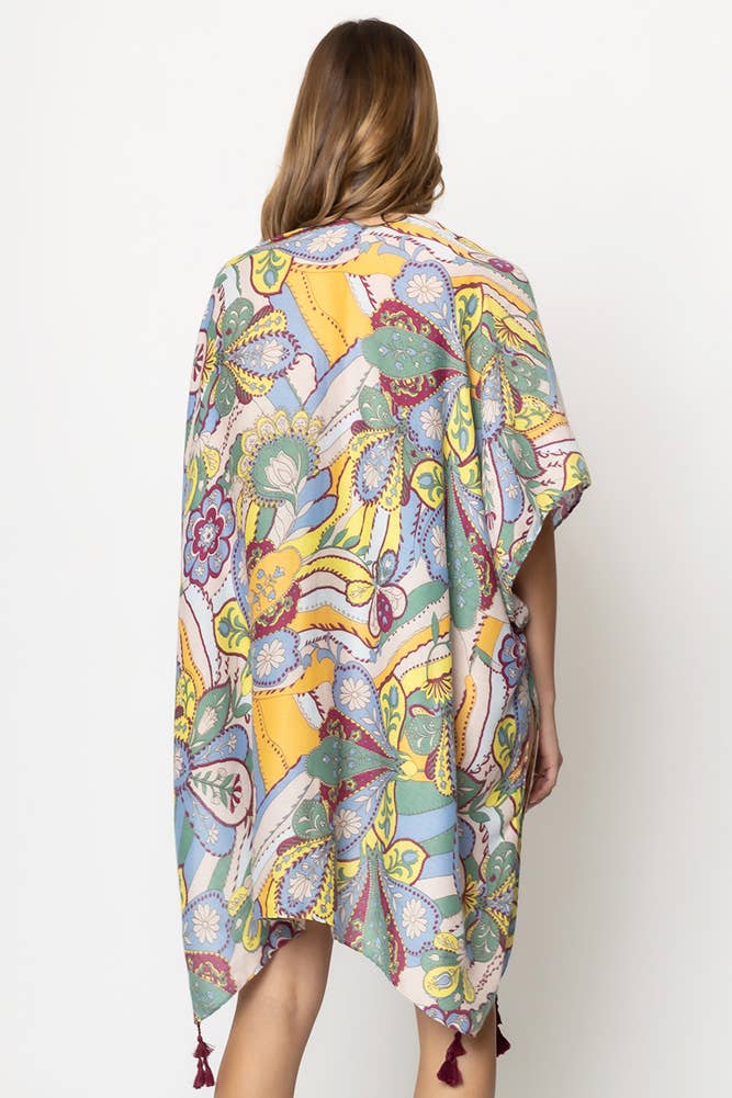 Paisley Print Tassel Summer Kimono Cover Up - Beige - Mellow Monkey