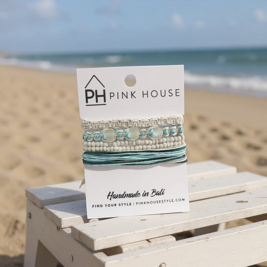 Handmade Coastal Beach White and Aqua Glass 4-Piece Pull Bracelet Set - Aqua - Mellow Monkey