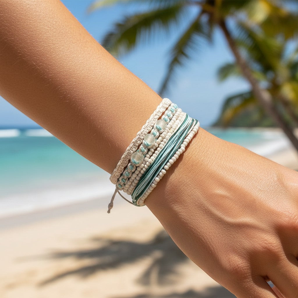 Handmade Coastal Beach White and Blue Wrapped Glass Beads 4-Piece Pull Bracelet Set - Aqua - Mellow Monkey