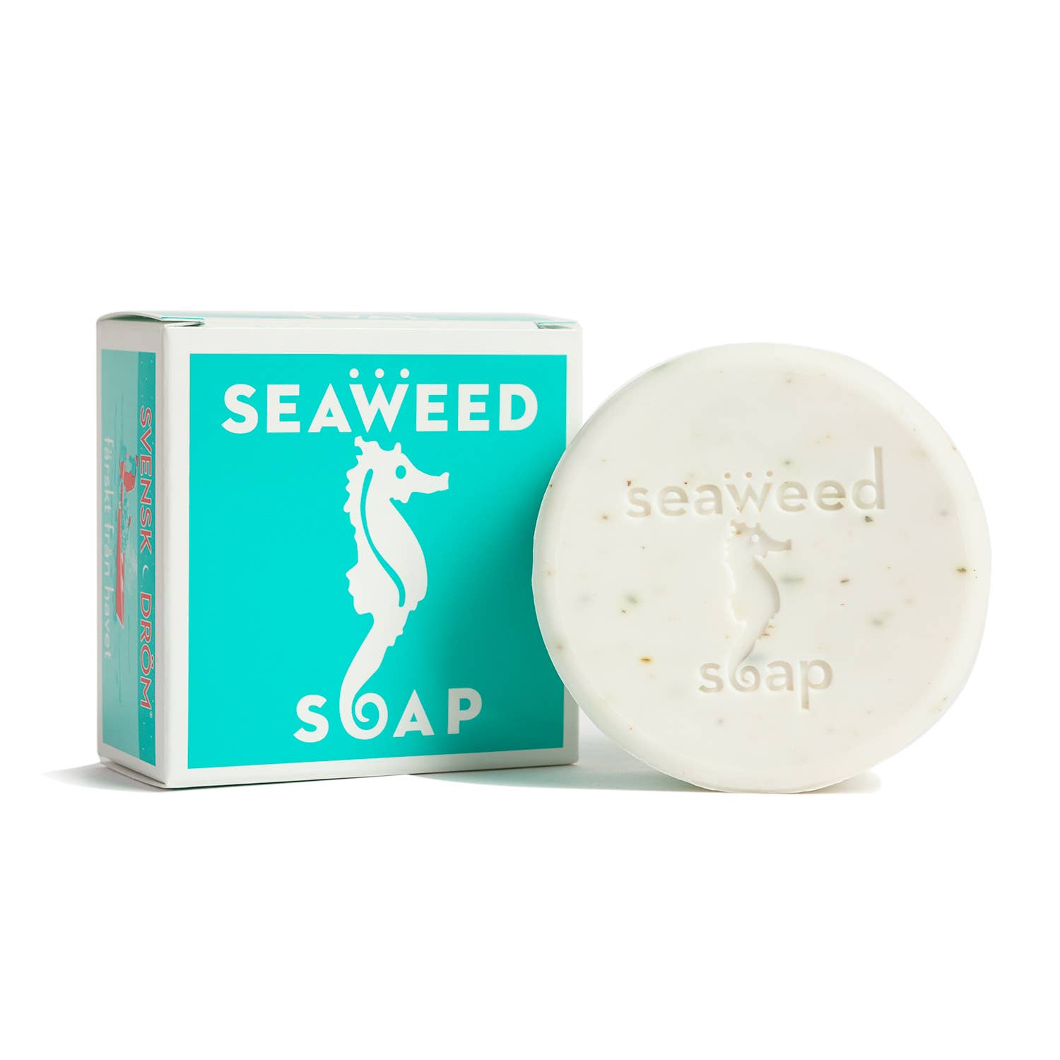 Seaweed soap with packaging featuring a seahorse design on a white background