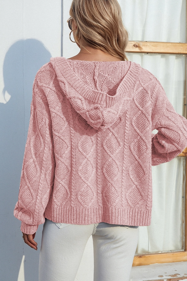 Cable Knit Front Open Hood Cardigan - Pink - Mellow Monkey