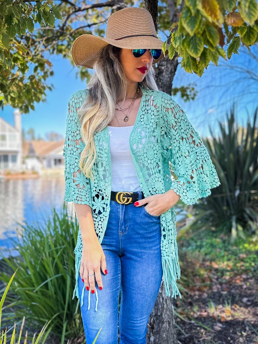 Floral Crochet with Tassel Kimono - 3/4 Sleeve - Mellow Monkey