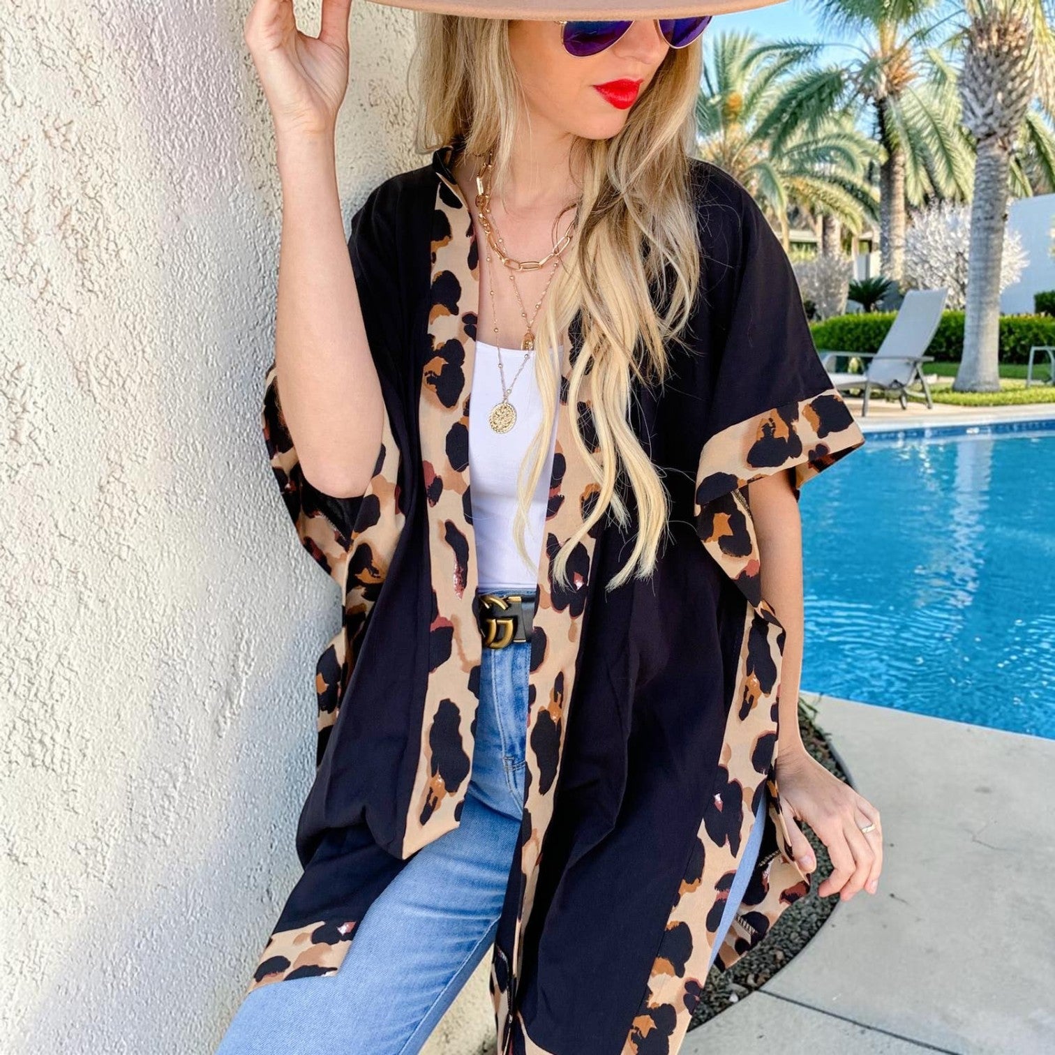 Solid Leopard Trim Detail Kimono Cardigan - Mellow Monkey