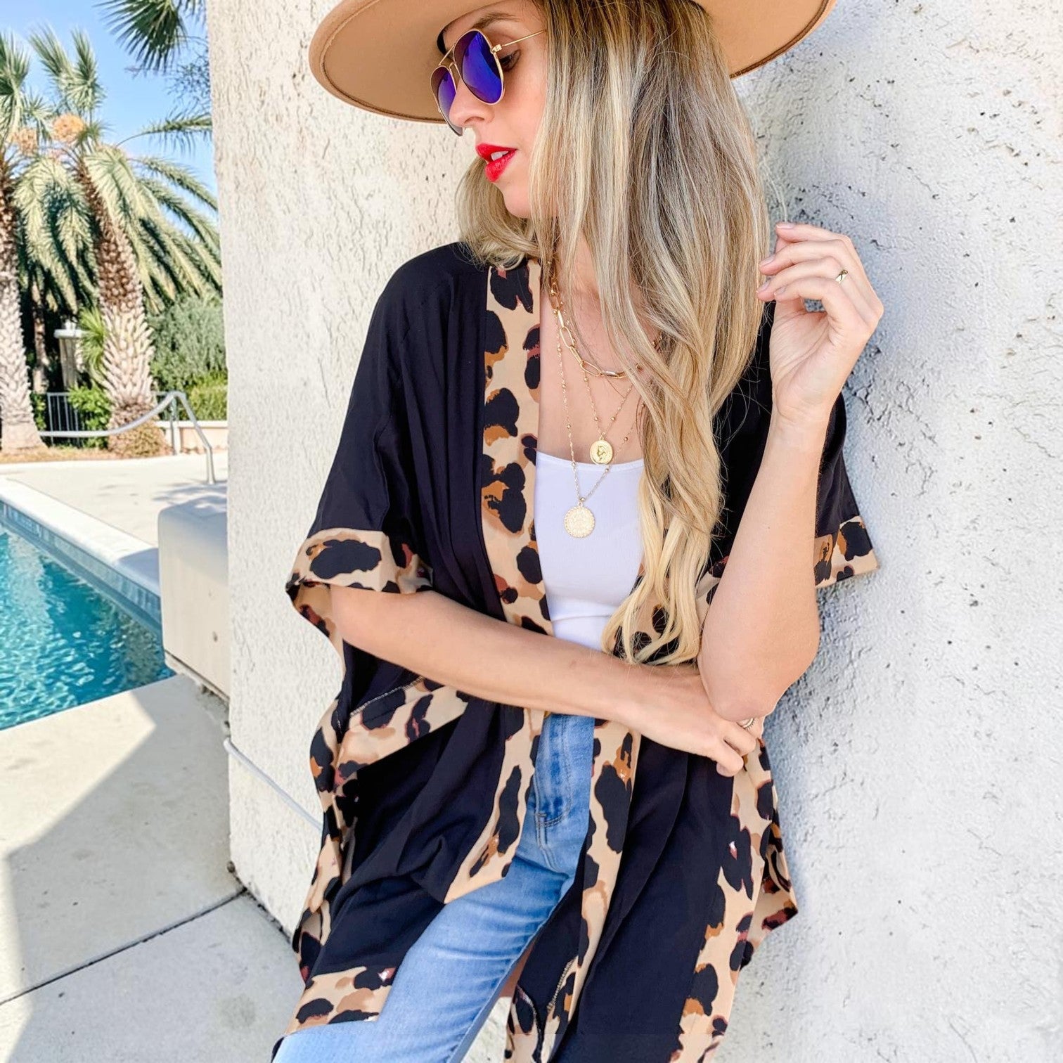 Solid Leopard Trim Detail Kimono Cardigan - Mellow Monkey