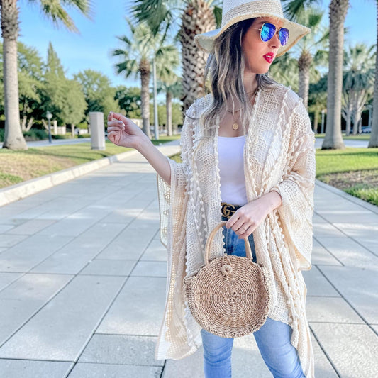 Ivory 3D Textured Open Front Soft Kimono Cover Up - Mellow Monkey