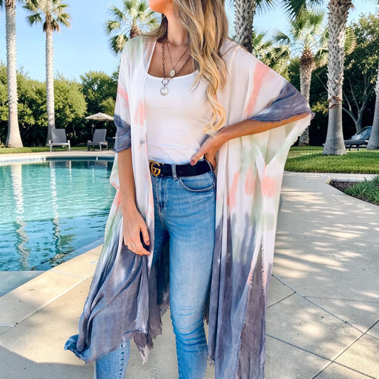 Multi Tie Dye Printed Kimono Cardigan with Fringe - Mellow Monkey