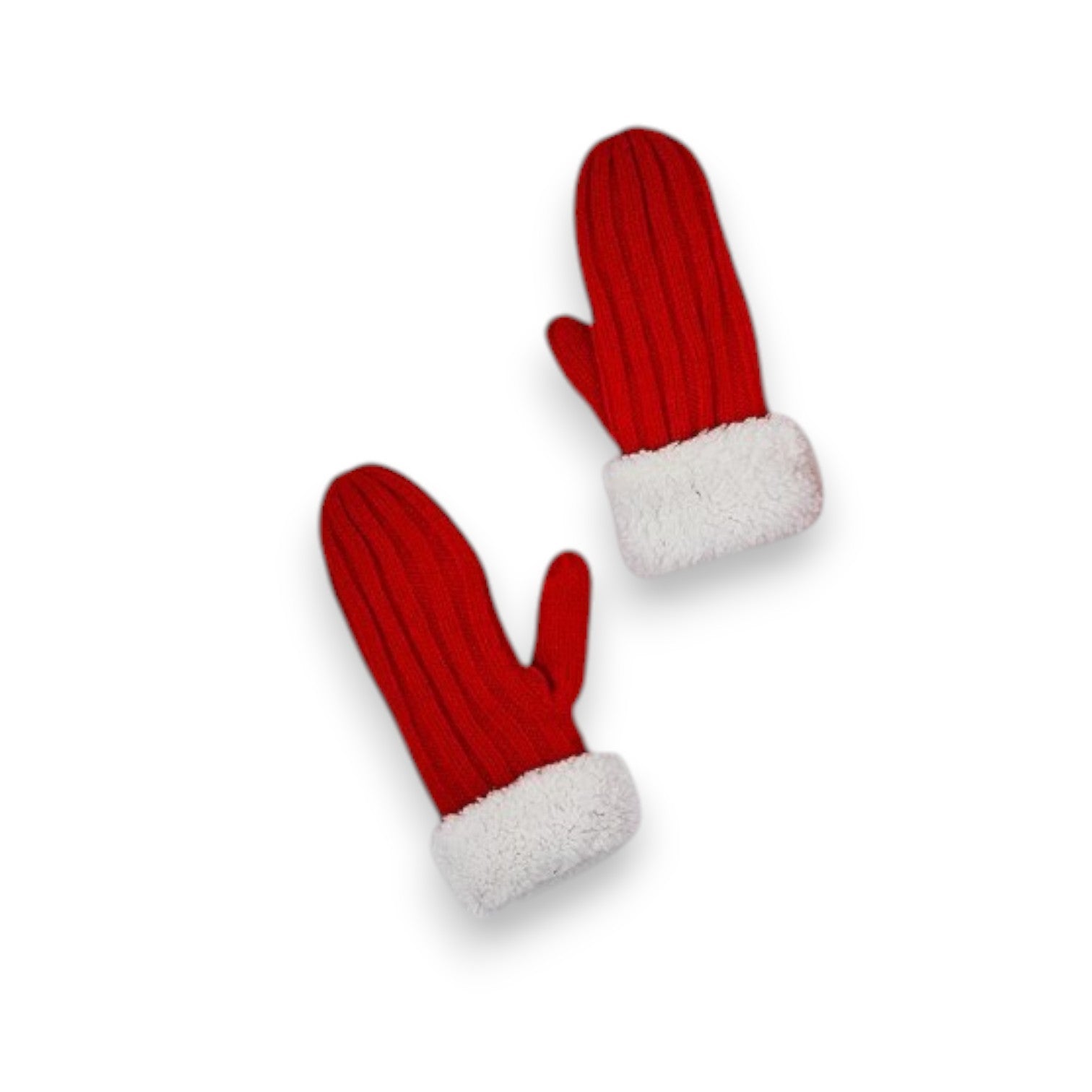 Wide Ribbed Knit Mittens with Sherpa Trim and Lining - Crimson - Mellow Monkey