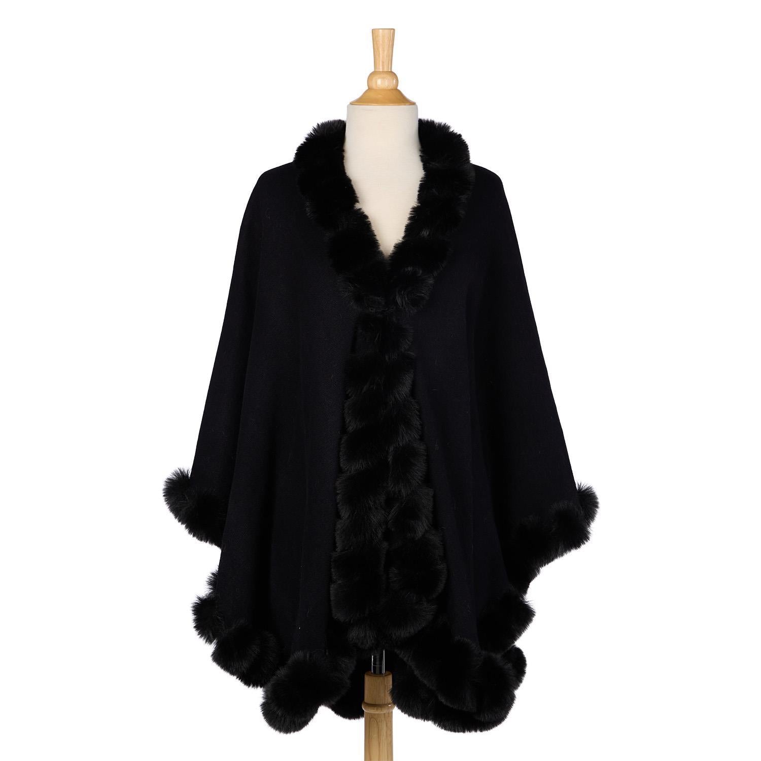 Two's Company Regal Wrap with Faux Fur Trim and Hook and Eye Closure in Black - Acrylic - Mellow Monkey