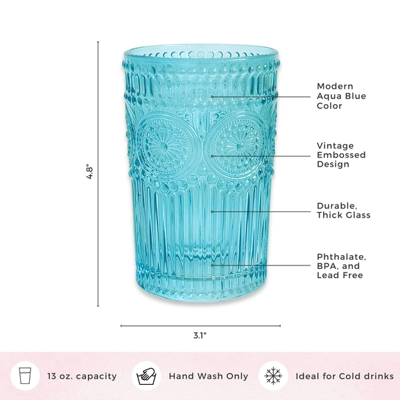 4.8" height, 3.1" diameter Modern Aqua Color Glass Vintage Embossed Design Durable, thick glass, Phthalate, BPA and Lead Free 13 oz. capacity hand wash only ideal for cold drinks