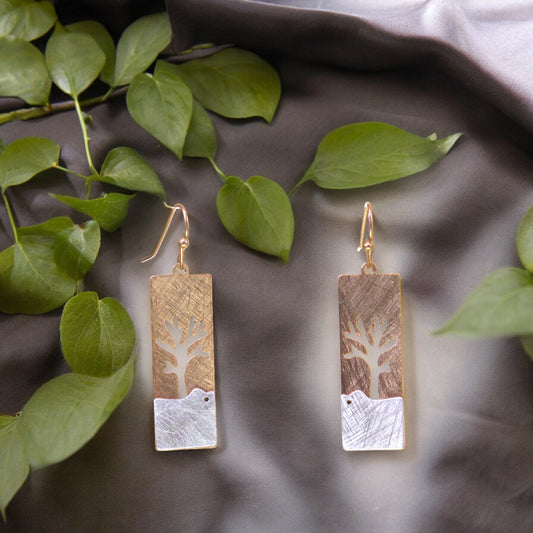 Tree Of Life Scratch Metal Finish Cutout Earrings - Gold and Silver - Mellow Monkey