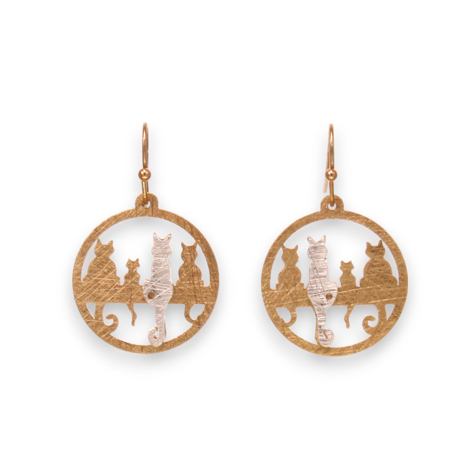 “Cats on a Ledge” Two-Tone Scratch Finish Brass Earrings - Gold - Mellow Monkey