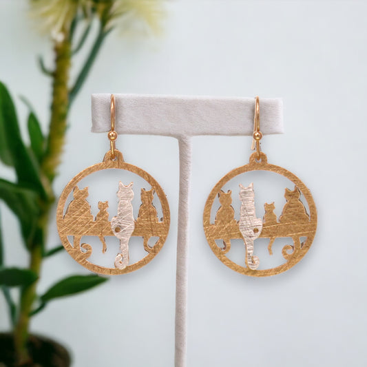 “Cats on a Ledge” Two-Tone Scratch Finish Brass Earrings - Gold - Mellow Monkey
